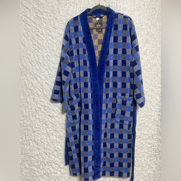 BILL BLASS Vintage Blue Checkered 100% Cotton Terry Robe One Size - Picture 1 of 7